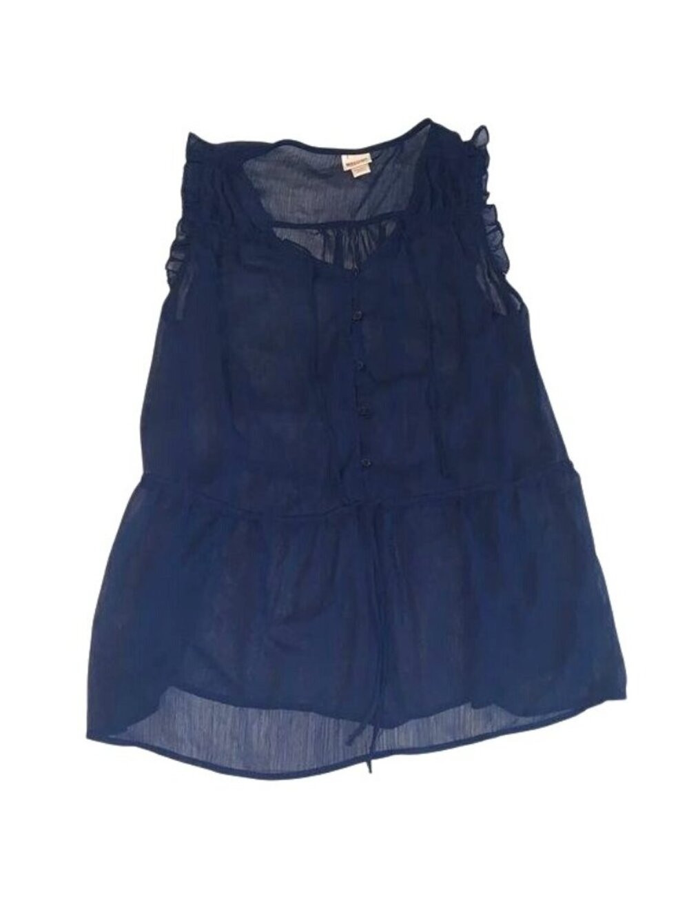 Mossimo Navy Sheer Sleeveless Ruffle Blouse With Button Front & Drawstring Waist